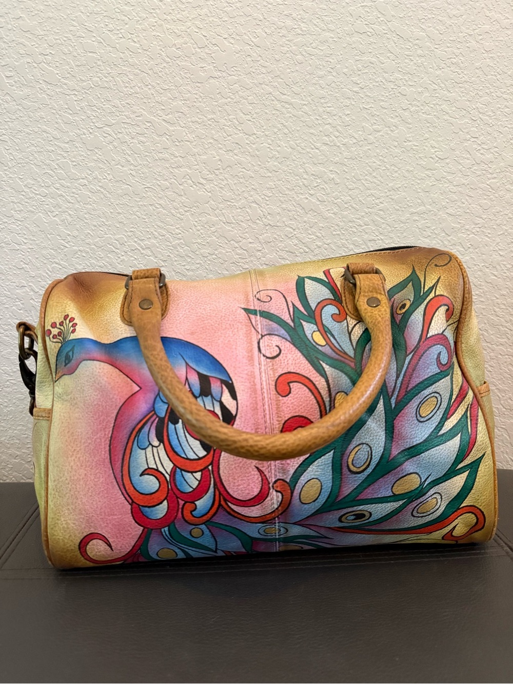 Anuschka Multicolor Hand-Painted Leather Peacock Satchel with dust bag
